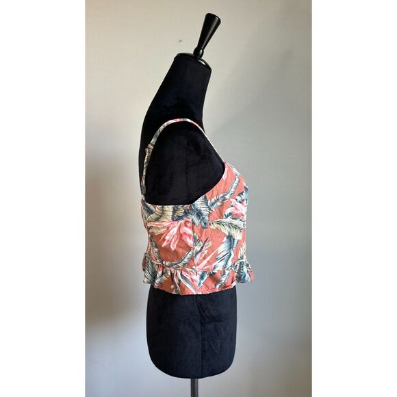 LOFT Women's Tropical Leaf Print Linen Blend Ruffle Button Front Cropped Top 6 - Picture 4 of 8